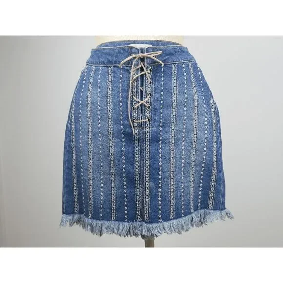 Wonderly Blue Denim Mini Skirt with Lace-Up Front - Picture 1 of 7